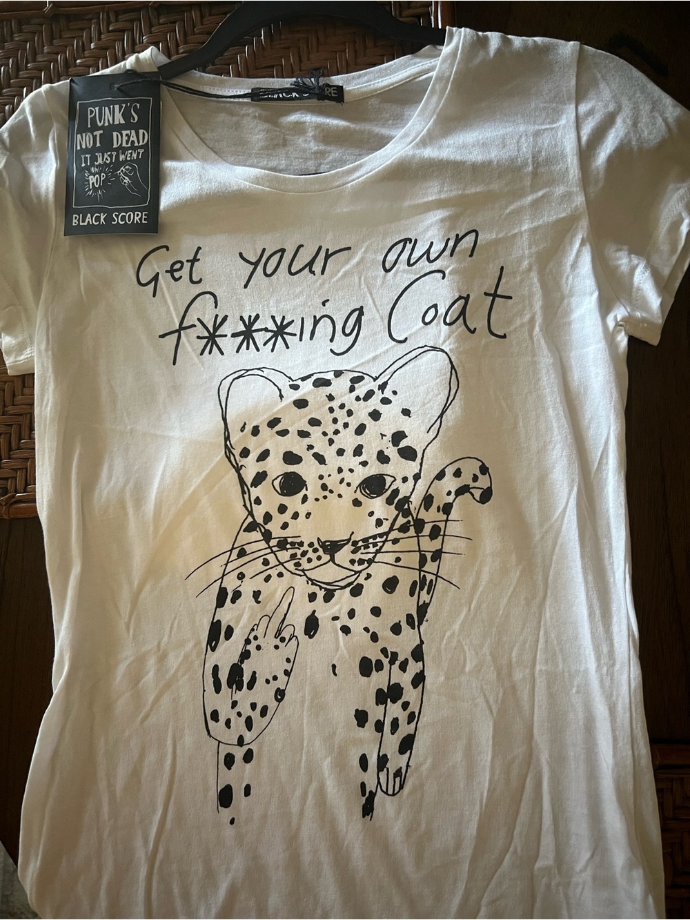 NWT Black Score XS White Cat Graphic Tee - 'Get Your Own Coat'